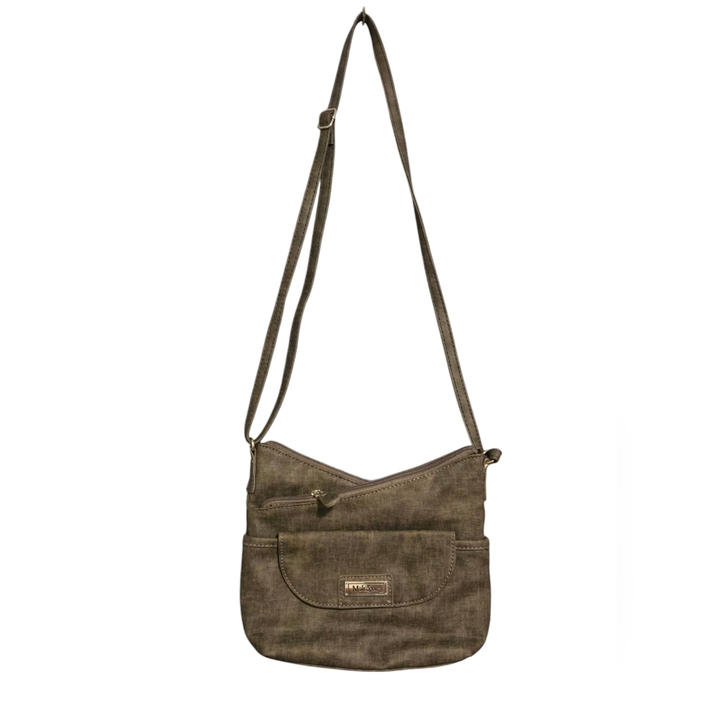 Multi-Sac Gray Faux Leather Silvertoned Hardware Crossbody Purse Organize Travel